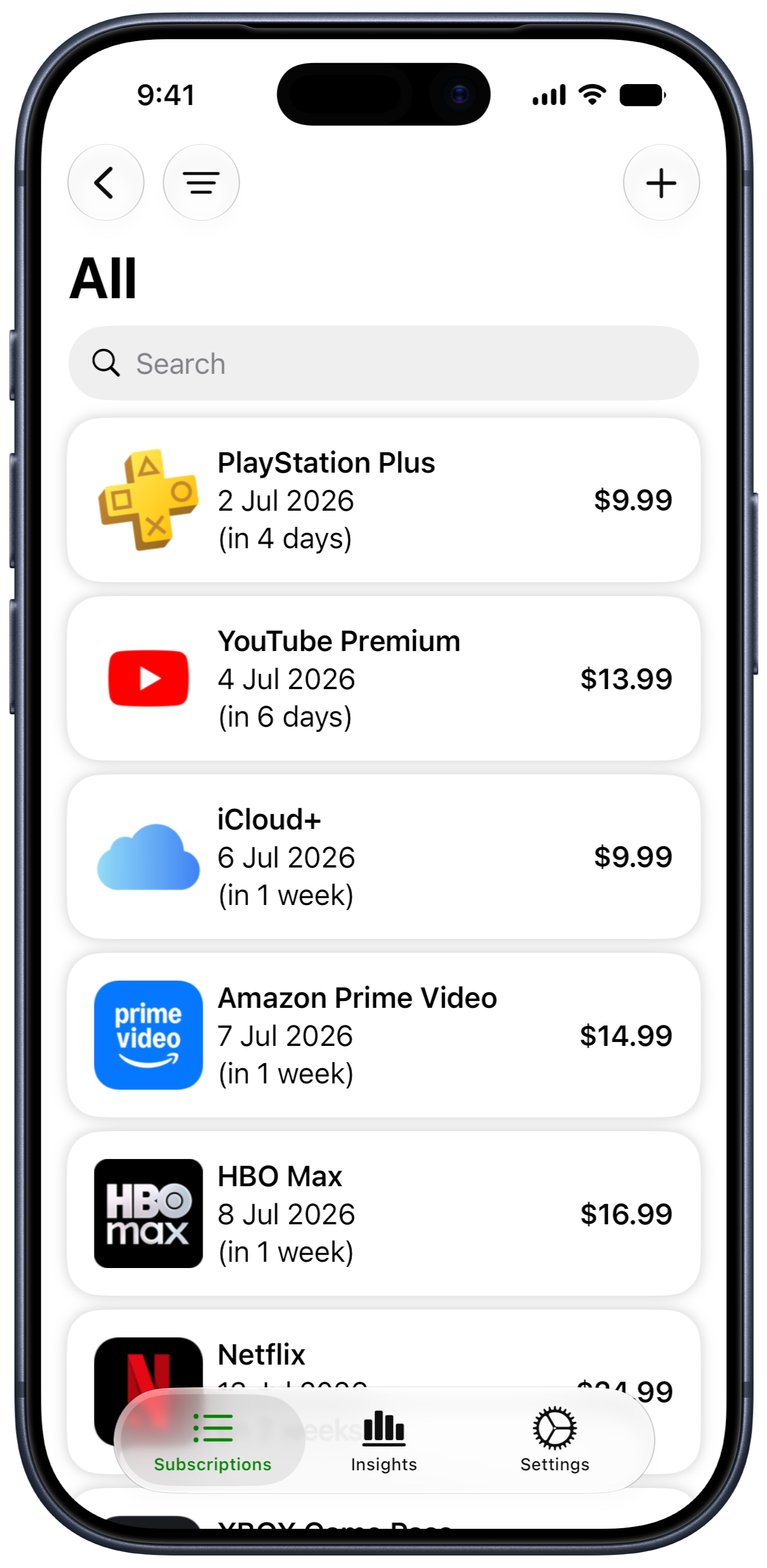 SubManager subscriptions list on iPhone